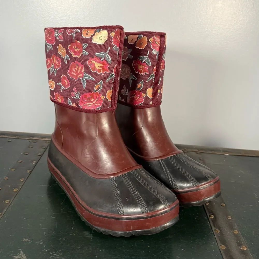 Sorel Maroon Floral Waterproof Slip-On Snow Boots Women’s Size 7 Fleece Lined